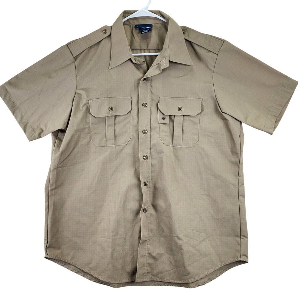 PROPER Men Khaki Short Sleeve Button Up Work Shirt Utility Pockets XL
